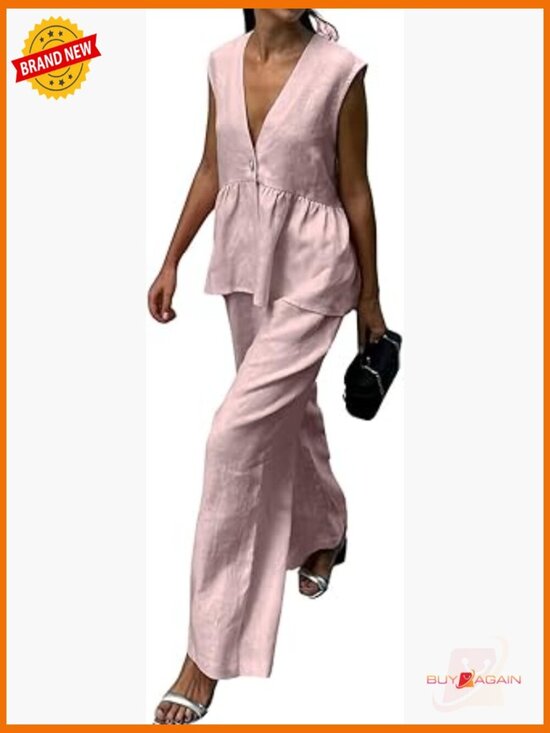 Pants - Sleeveless V Neck Peplum Top Wide Leg Pant Set 2 Piece Lounge Outfit